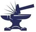 A blue and white logo of an anvil with a hammer.